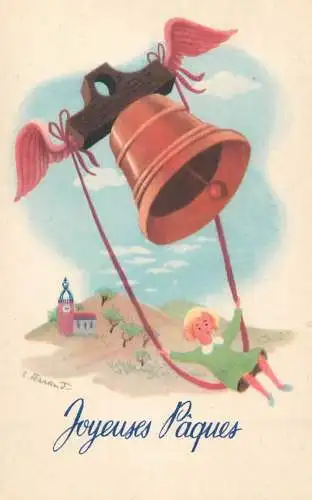 Easter greetings fantasy vintage postcard church bell swing