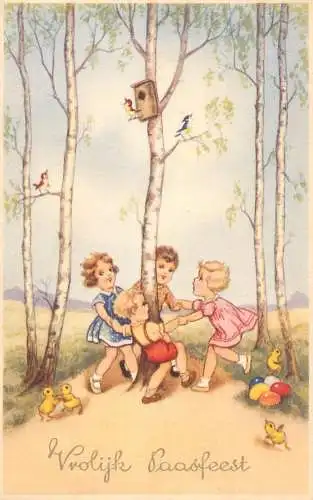 Easter greetings fantasy vintage postcard forest children birdhouse