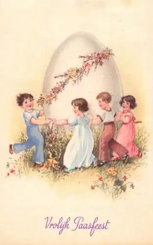 Easter greetings fantasy vintage postcard large egg children