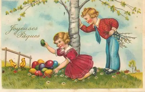 Easter greetings fantasy vintage postcard eggs chicks