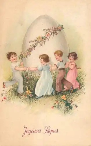 Easter greetings fantasy vintage postcard giant egg children
