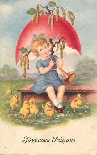 Easter greetings fantasy vintage postcard girl and trumphet