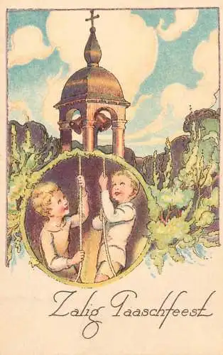 Easter greetings fantasy vintage postcard children belltower
