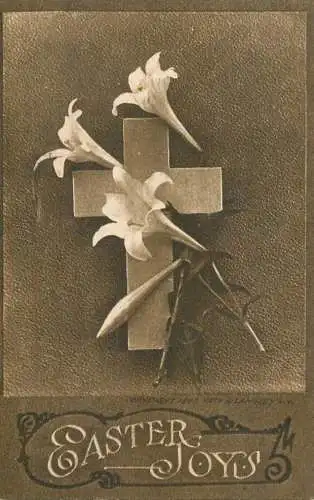 Easter greetings fantasy vintage postcard cross flowers