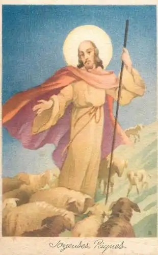 Easter greetings fantasy vintage postcard sheep Saint
