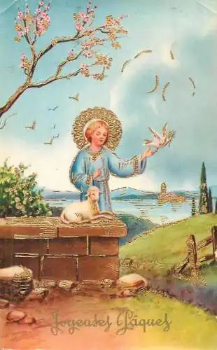 Easter greetings fantasy vintage postcard saint sheep