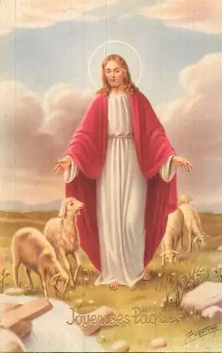 Easter greetings fantasy vintage postcard Jesus sheep