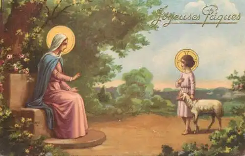 Easter greetings fantasy vintage postcard Mother Mary and sheep