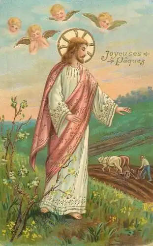 Easter greetings fantasy vintage postcard Jesus agricultural scene