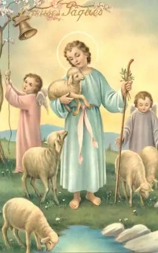 Easter greetings fantasy vintage postcard Saints sheeps bells