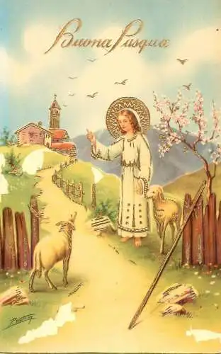 Easter greetings fantasy vintage postcard sheep Saints