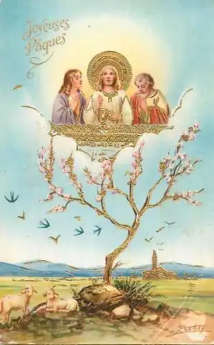 Easter greetings fantasy vintage postcard sheep Saints