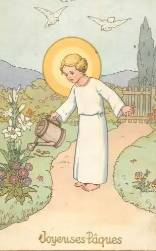 Easter greetings fantasy vintage postcard Saint watering flowers