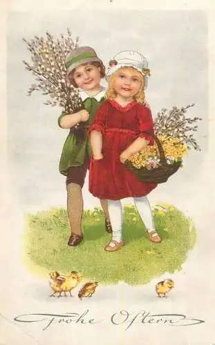 Easter greetings fantasy vintage postcard flower basket chicks
