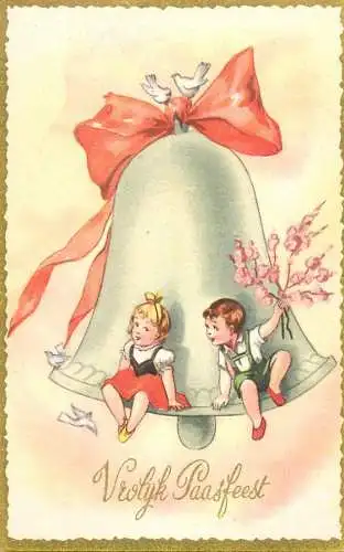 Easter greetings fantasy vintage postcard eggs children bell