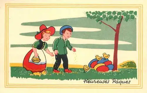 Easter greetings fantasy vintage postcard eggs children birds