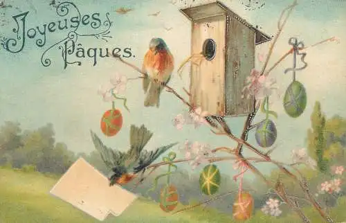 Easter greetings fantasy vintage postcard flowers bird box
