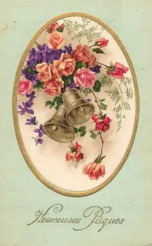 Easter greetings fantasy vintage postcard flowers bell
