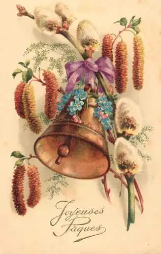 Easter greetings fantasy vintage postcard flowers bell
