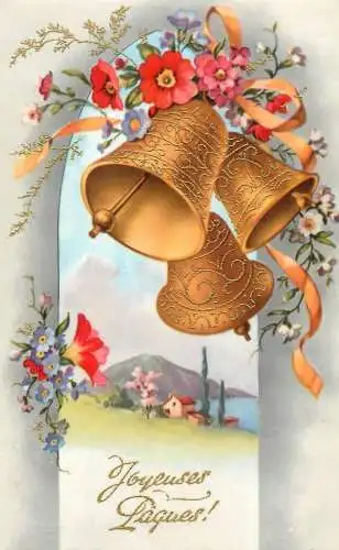 Easter greetings fantasy vintage postcard flowers bell