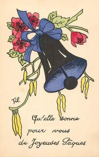 Easter greetings fantasy vintage postcard flowers bell