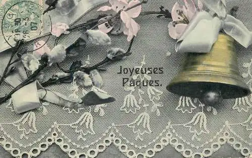 Easter greetings fantasy vintage postcard flowers bell