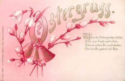 Easter greetings fantasy vintage postcard flowers bell