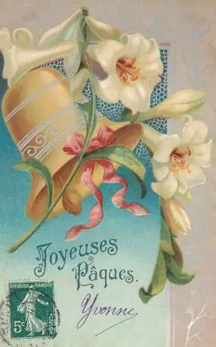 Easter greetings fantasy vintage postcard flowers bell