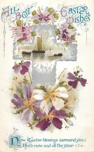 Easter greetings fantasy vintage postcard flowers sailing vessel
