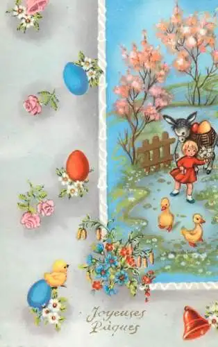 Easter greetings fantasy vintage postcard egg basket flower donkey