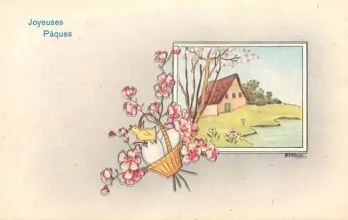 Easter greetings fantasy vintage postcard egg basket flower chick