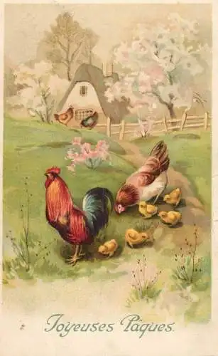 Easter greetings fantasy vintage postcard chicken chicks village landscape