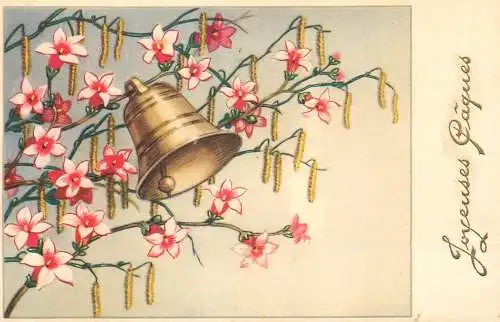 Easter greetings fantasy vintage postcard bells flower