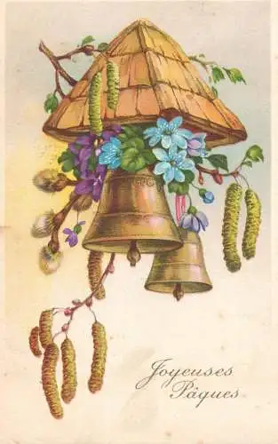 Easter greetings fantasy vintage postcard bells flower
