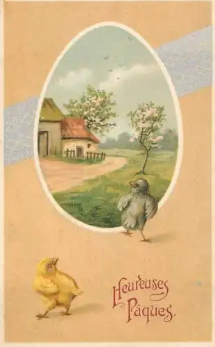 Easter greetings fantasy vintage postcard village landscape chicks