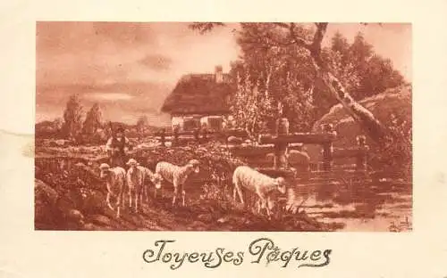 Easter greetings fantasy vintage postcard village landscape and sheep heard