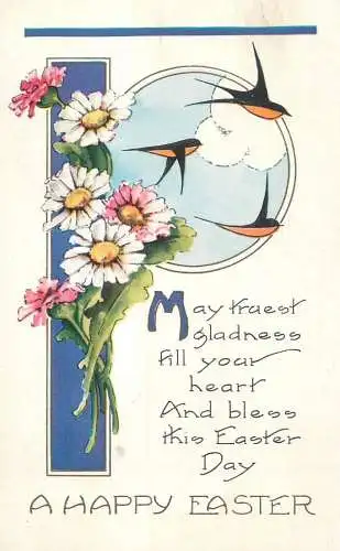 Easter greetings fantasy vintage postcard flowers daisy birds