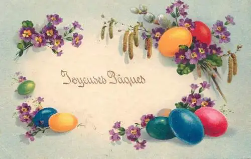 Easter greetings fantasy vintage postcard flowers eggs
