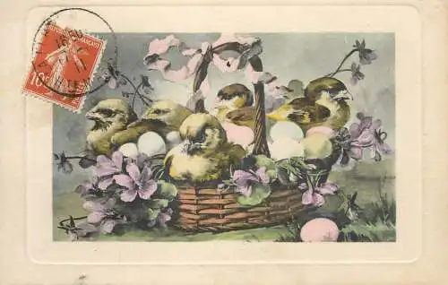 Easter greetings fantasy vintage postcard flowers chicken egg basket