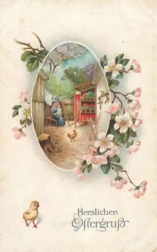 Easter greetings fantasy vintage postcard flowers village landscape