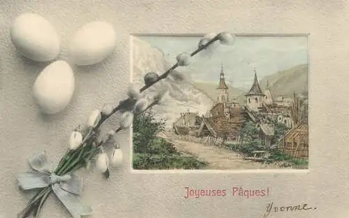 Easter greetings fantasy vintage postcard flowers village landscape