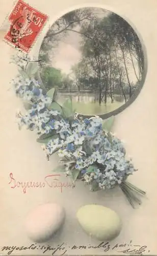 Easter greetings fantasy vintage postcard flowers lake landscape