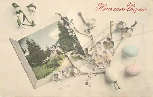 Easter greetings fantasy vintage postcard eggs flower village landscape