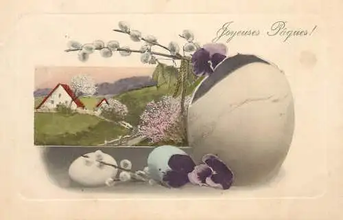 Easter greetings fantasy vintage postcard eggs farm landscape