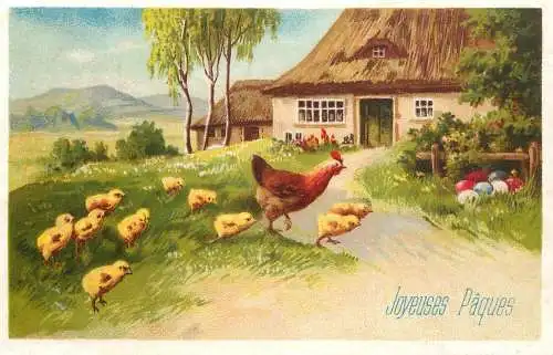 Easter greetings fantasy vintage postcard village farm chickens