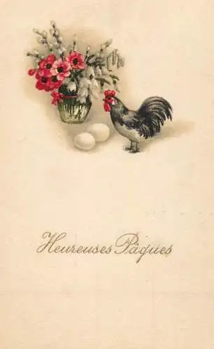 Easter greetings fantasy vintage postcard flowers egg chicken