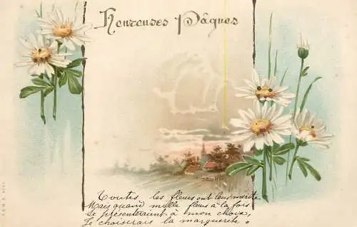 Easter greetings fantasy vintage postcard village landscape flowers daisy