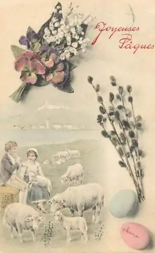 Easter greetings fantasy vintage postcard village landscape flowers sheep