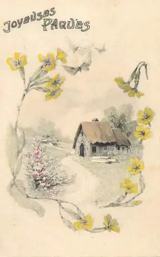 Easter greetings fantasy vintage postcard village landscape flowers