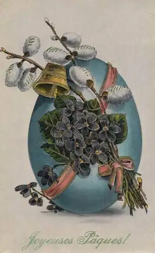 Easter greetings fantasy vintage postcard egg flowers lilac bell
